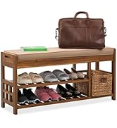 VICTORY RELAX Wooden Shoe Storage with Bench Seat - Natural Acacia Wood Entryway Organizer with C...