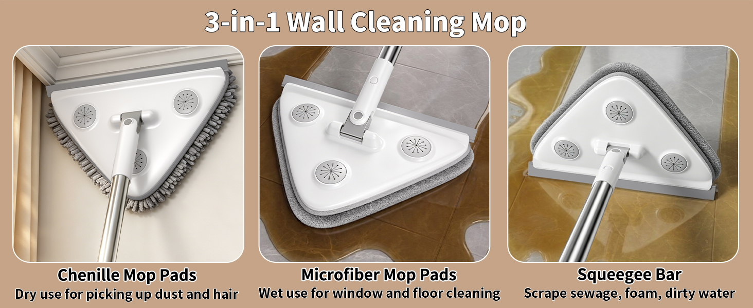 Chenille Pads - Dry use, Microfiber Pads - Wet use, Squeegee Bar - Scrape off water
