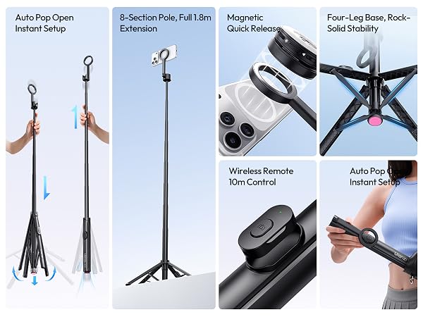 Text reads: 'Auto Pop Open Instant Setup', 'S-Section Pole Full Lifte Extension', 'Magnetic Quick Release', 'Four-Leg Rose Solid Stability'. Product features of tripod shown in multiple setup positions.
