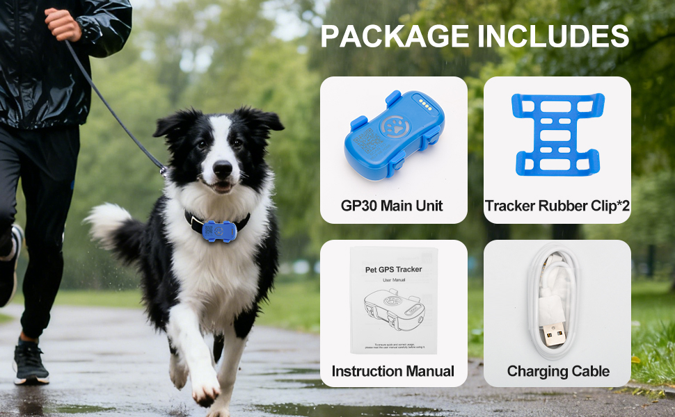 Package Includes GP30 Main Unit Instruction Manual Charging Cable andTracker Rubber Clip*2*2