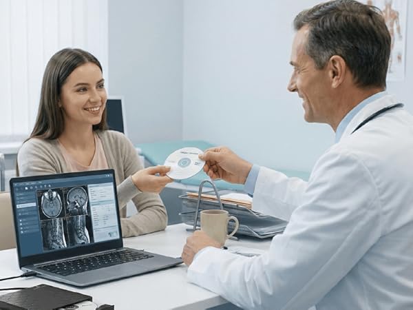 Doctor?using?ERGOOCUSHION?External?DVD?Drive?to?burn?CD?and?hand?it?to?patient?in?hospital?office.