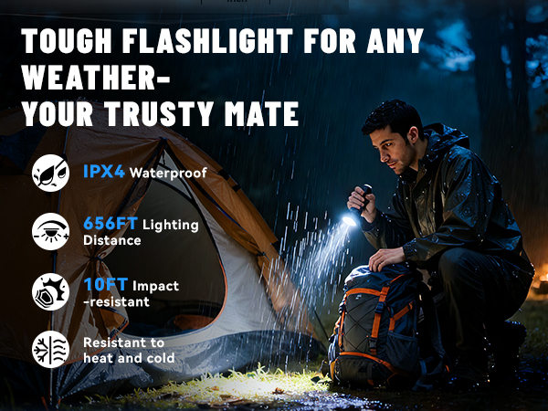IPX4 Waterproof;656FT Lighting Distance;10FT Impact -resistant;Resistant to heat and cold