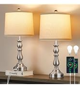 Leasgy Farmhouse Side Table Lamps for Living Room Set of 2 with USB C+A Ports, Bedside Lamp for B...