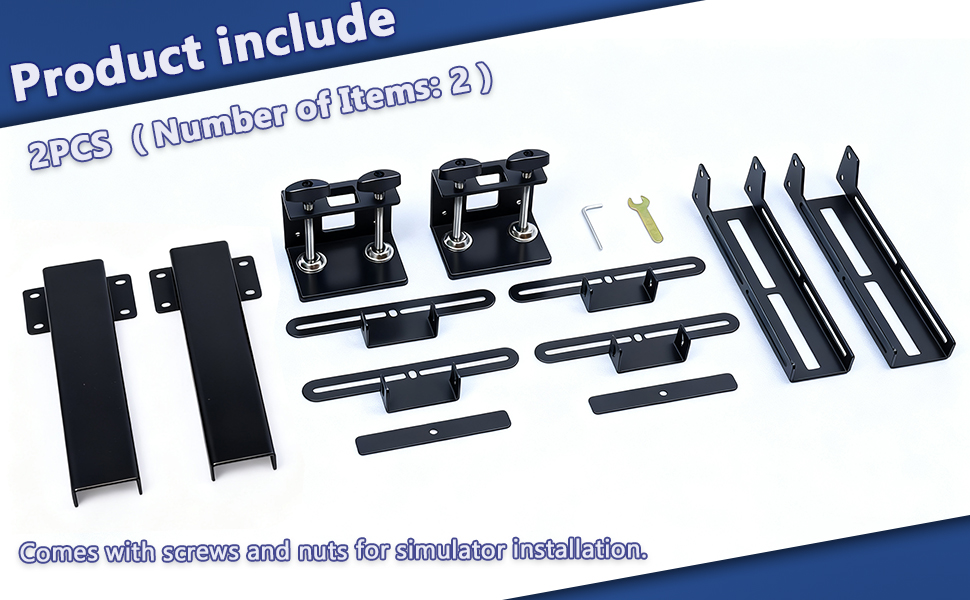 Text reads 'Product include' and '2PCS (Number of items)'. Product layout showing multiple black mounting brackets, hardware pieces, and installation components arranged systematically.