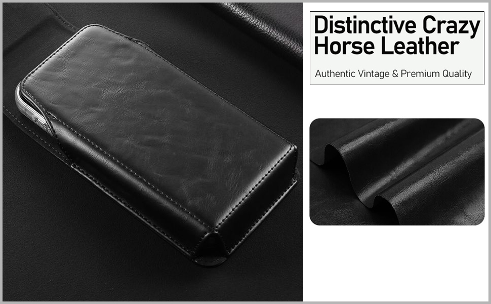 Text reads 'Distinctive Crazy Horse Leather'. Multiple views of black leather wallet or card holder product against white background.