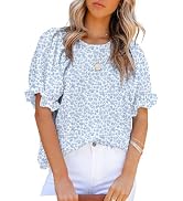 Dokotoo Floral Print Blouses for Women Crewneck Smocked Puff Sleeve Shirts Casual Babydoll Tops