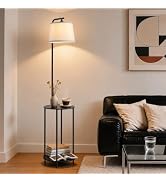 Iporovon Floor Lamp with Table, Modern Standing Lamp with Linen Shade | 2-in-1 lamp and side tabl...