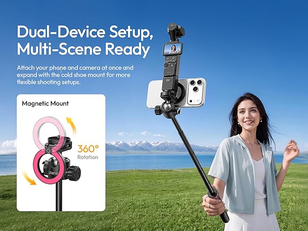 Text reads 'Dual-Device Setup, Multi-Scene Ready' and 'Magnetic Head' with '360°'. Woman holding extendable phone gimbal stabilizer with dual-device capability against blue sky landscape background.