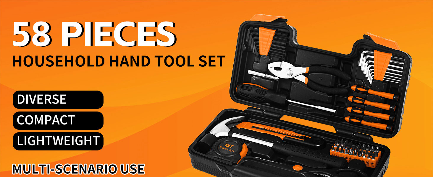 58 Piece Household Tool Set, General Household Hand Tool Kit with Plastic Toolbox Storage Case