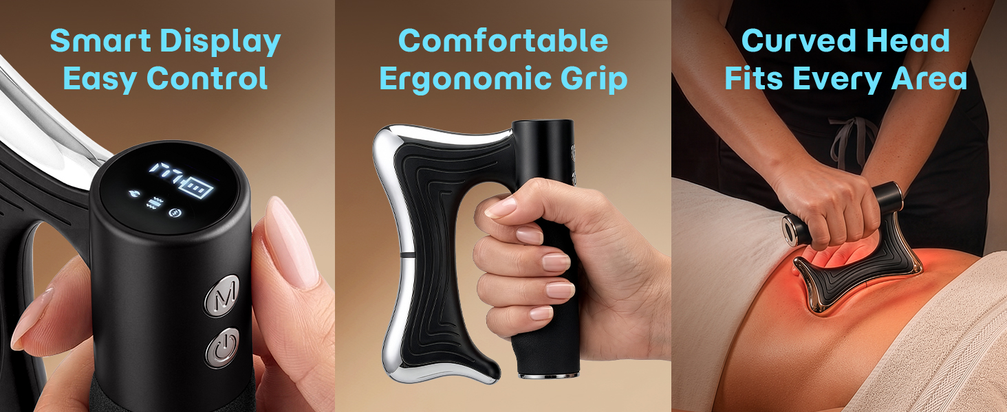Mini muscle recovery fascia device with smart display, ergonomic grip and curved head