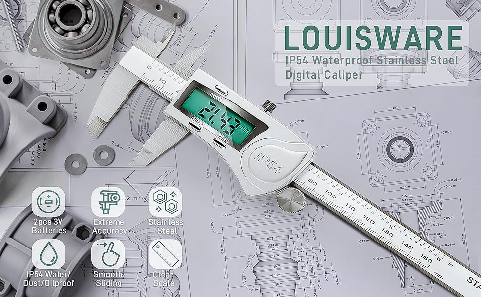 Electronic Digital Vernier Caliper, LOUISWARE Stainless Steel Caliper 150mm0-6 inch Measuring Tools