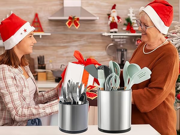 2 Set Kitchen Utensil Holder Rotating For Counter Organizer Stainless Cooking Silverware Caddy