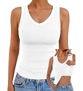 GKBK Women's Built in Bra Tank Tops V Neck Ribbed Basic Sleeveless Shirts | Wide Strap Slim Fitte...
