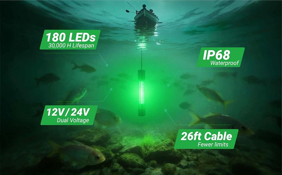 Submersible LED fishing light with 12V/24V dual voltage compatibility and 26ft cable.