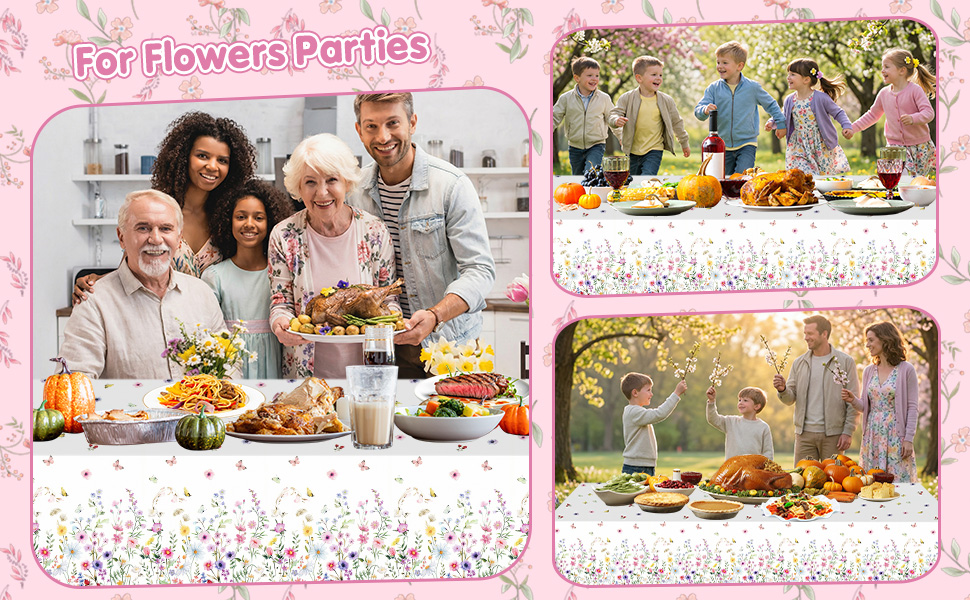 Spring Floral Tablecloth, Butterfly Wildflower Plastic Disposable Tablecloth