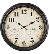 zyzamay 16 Inch Black Gold Vintage Indoor/Outdoor Wall Clock with Thermometer &amp; Hygrometer &amp; Wate...