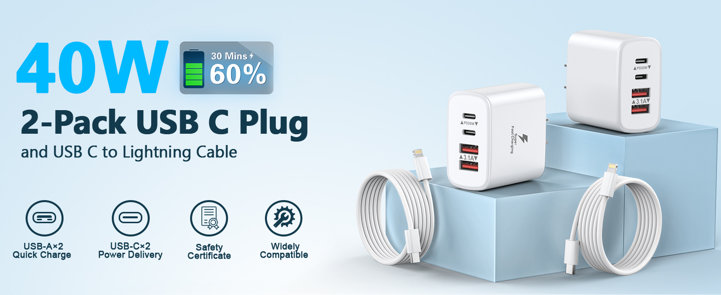2-Pack 40W USB C Charger Block with