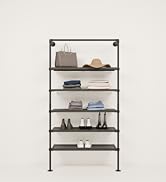 pamo black shelving with black metal boards on beige background