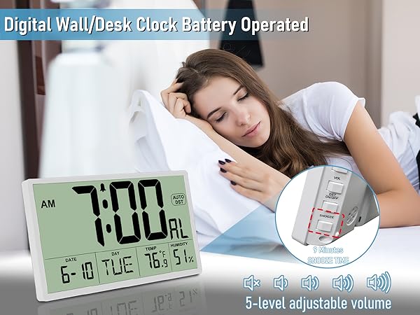 8-minute snooze function, 5 adjustable volume levels, clear “AL” indicator for easy confirmation.