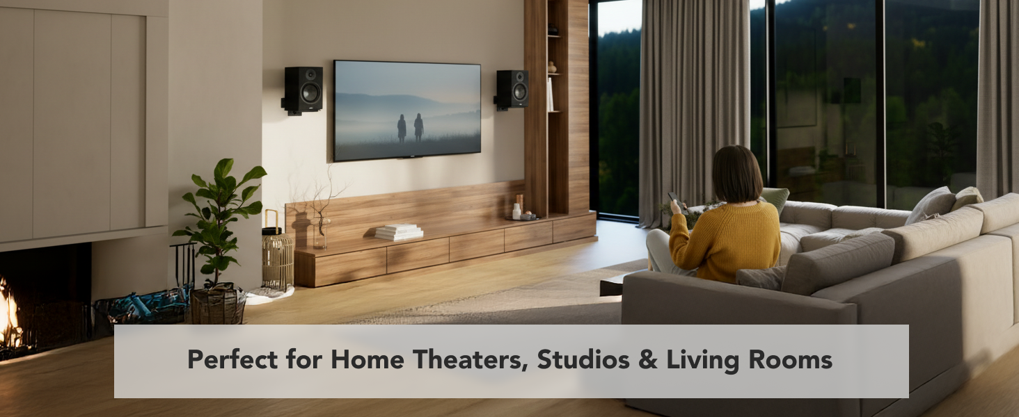 Wall-mounted bookshelf speakers in home theater, studio, and living room setups.