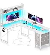 Seventable L Shaped Gaming Desk with Drawers, Reversible Computer Desk with LED Lights &amp; Power Ou...