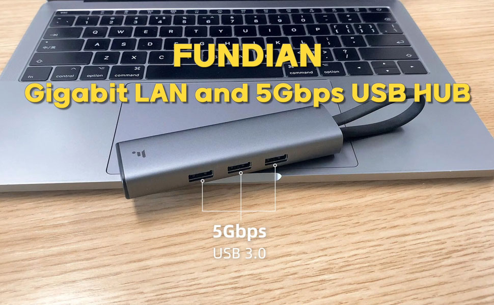 FUNDIAN Type C to Gigabit Lan Adapter 5Gbps USB3.0 Multi port HUB