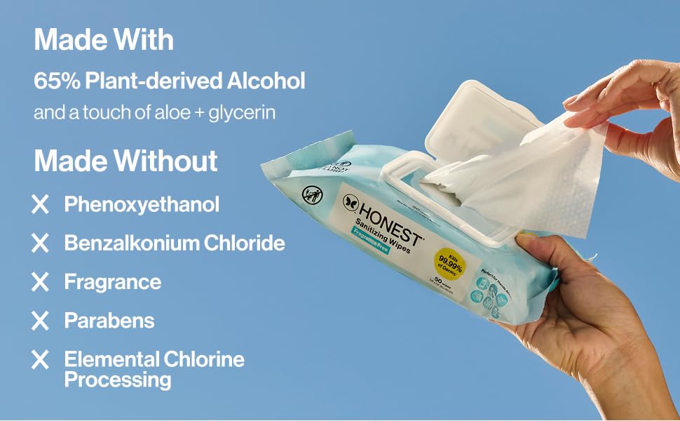 Made with 65% plant derived alcohol. Made without BZK, fragrance, parabens, or chlorine processing