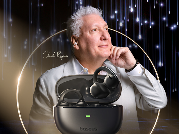 Wireless earbuds in black charging case with LED indicator, displayed against dark background with decorative lighting effects.