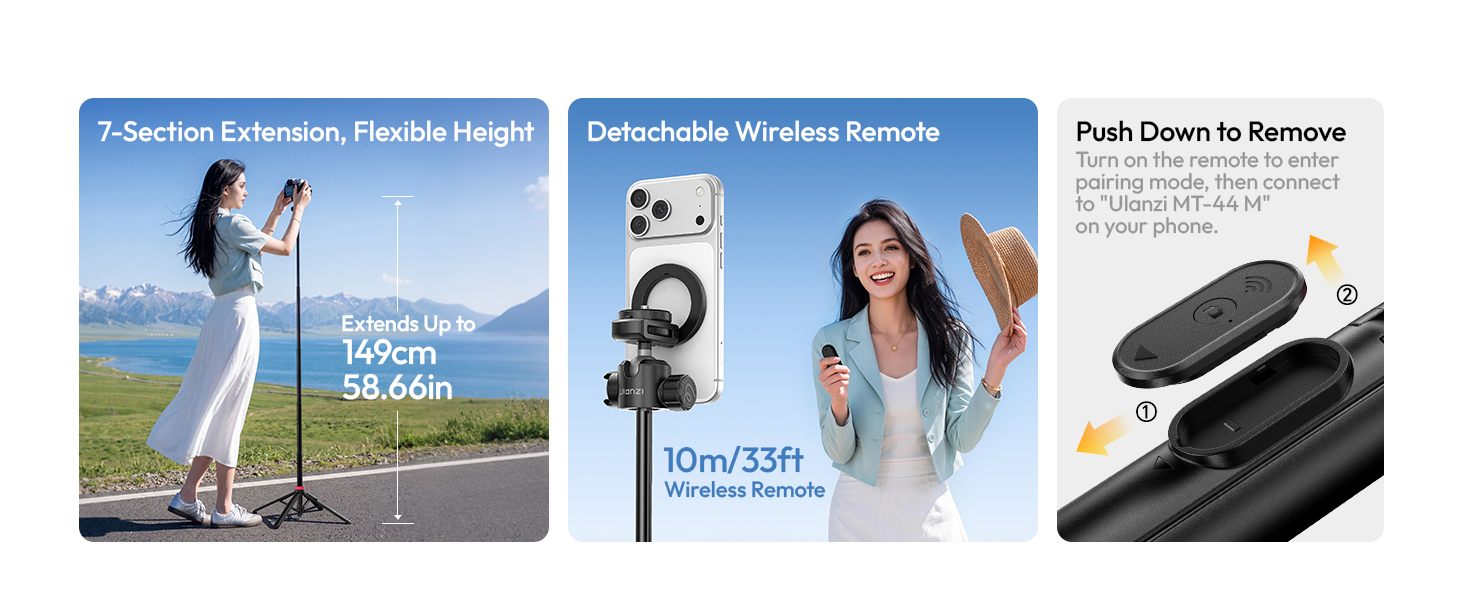 Three product images showing outdoor equipment: telescopic pole/monopod with stabilizer foot, wireless microphone system with lavalier mic, and black portable device or accessory.