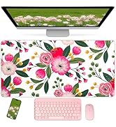 Bloss Pink Floral Desks Mat,31.5x15.7In Large Mouse Pad Cute,Anti-Slip Leather Computer Desk Pad ...