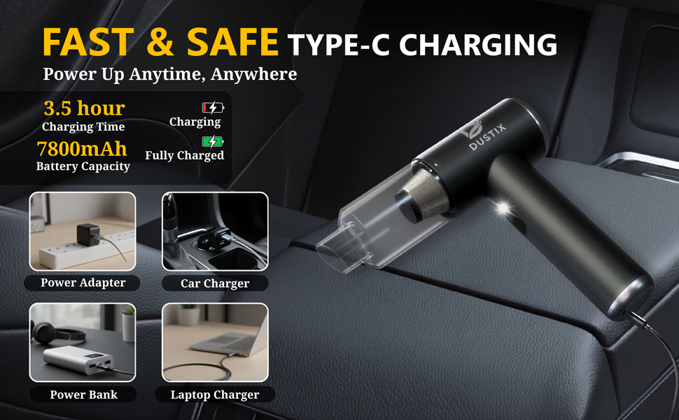 Text reads 'FAST &amp; SAFE TYPE-C CHARGING', '3.5 hour Charging Time', '7000mAh'. Product demonstration showing various charging scenarios for power bank.