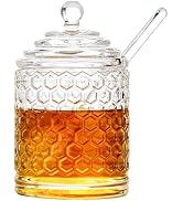 CasaVibe 10 Oz Glass Honey Jar, With Lid And Dipper Honeycomb Crystal Design Syrup Storage Contai...