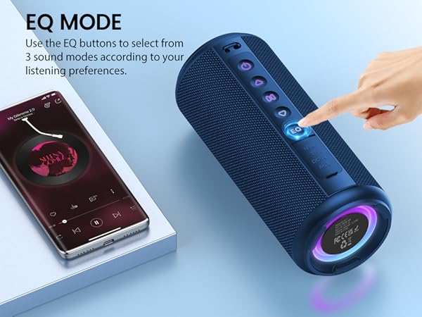 Text reads 'EQ MODE'. Blue portable speaker with smartphone showing app interface, demonstrating EQ adjustment feature with colorful lighting effects.