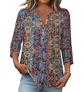 Zeagoo Button Down Shirts for Women 3/4 Sleeve Linen Cotton V Neck Tops Dressy Casual Loose Work ...