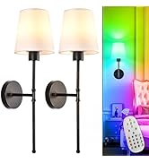 Depuley Battery Operated Wall Sconce: Set of 2 Wireless Wall Lights with Remote for Bedroom - Bla...