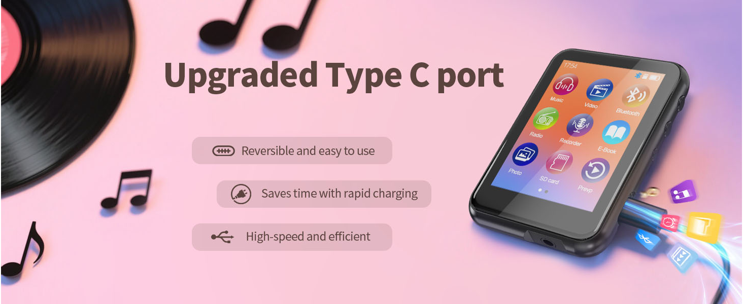 Text reads 'Upgraded Type C port'. Pink-themed tech accessory advertisement showing smartphone with musical note icons and connected accessories.