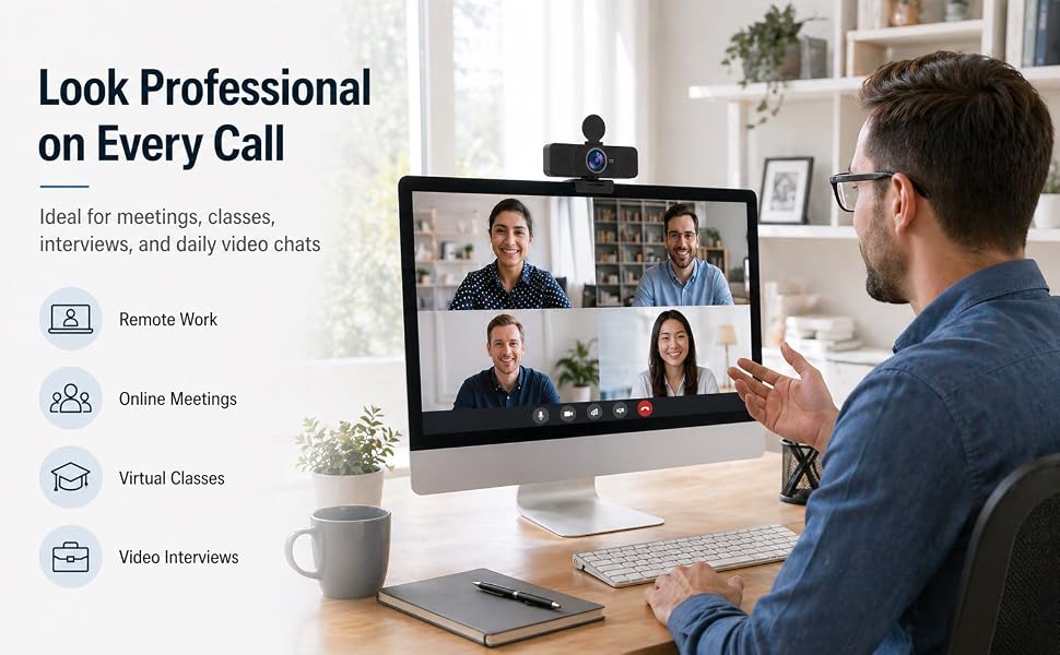 4K webcam for online meetings, remote work, virtual classes, video interviews, and home office