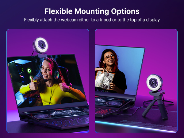 Shows multiple installation methods of N680E Pro on a tripod or mounted on a PC
