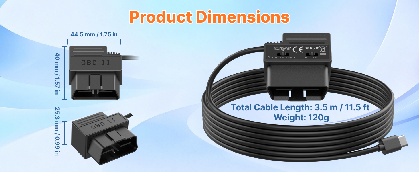 11.5ft OBD II Power Cord Specifications, Input 12V-24V, Output 5V 2.5A