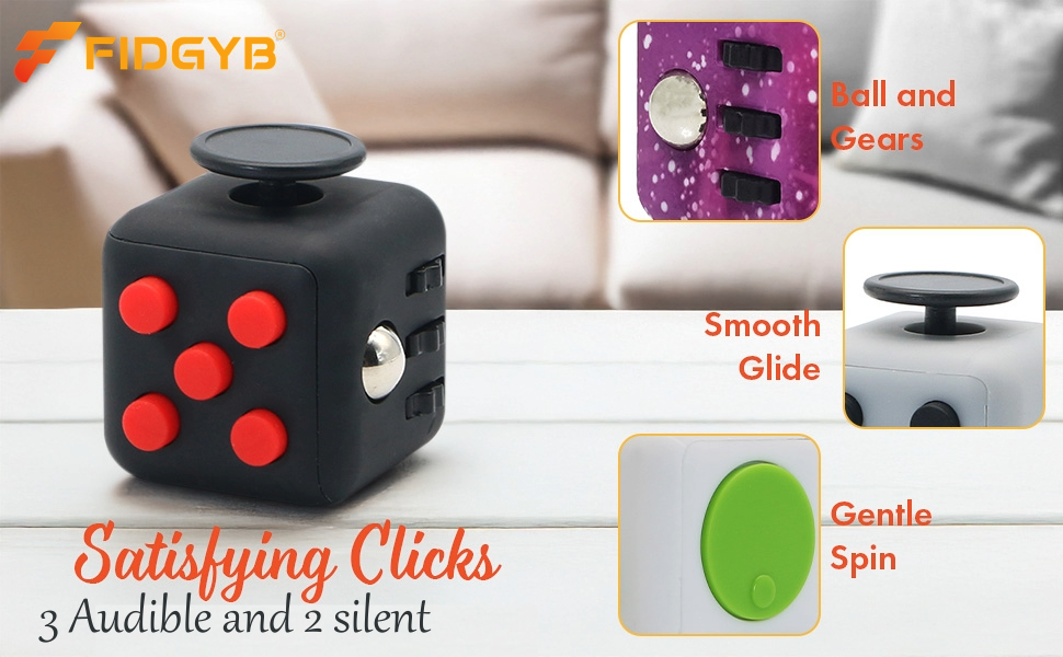 fidget cube features, metal ball and gears, satisfying click buttons, smooth glide, gentle spin