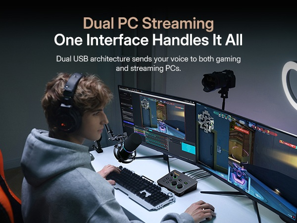 Gamer live streaming gameplay with Maono P2 audio interface dual PC streaming setup