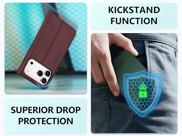 Text reads: 'SUPERIOR DROP PROTECTION' and 'KICKSTAND FUNCTION'. Phone case demonstration showing protective features and built-in stand capability.