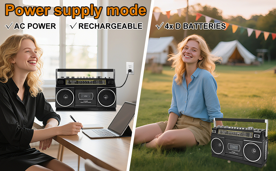 Split view of retro-style boombox with multiple power options: AC power, rechargeable battery, and 4 D batteries. Shows indoor desk use and outdoor grass setting.