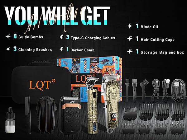Text shows 'YOU WILL GET' followed by product contents: 1 Blade, 8 Guide Combs, 3 Type-C Charging Cables, 1 Hair Cutting Case, 3 Cleaning Brushes, 1 Barber Comb, 1 Storage Bag and Box. Display of hair grooming tools and accessories arranged horizontally.