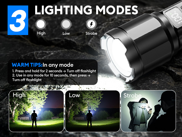 3 LIGHTING MODES High LoW Strobe