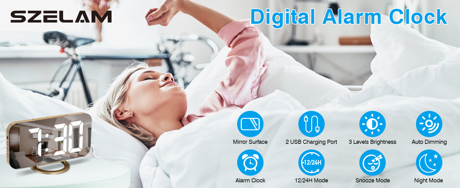 gold led mirror digital alarm clock for kid girl