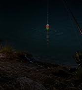 Dark nighttime scene showing a hanging lamp or light fixture suspended against a starry sky above silhouetted landscape.
