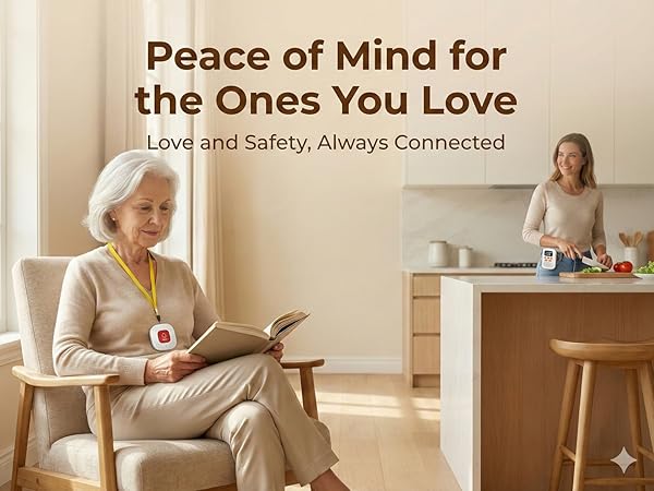 - SOS panic button for seniors with wearable wristband and neck lanyard.