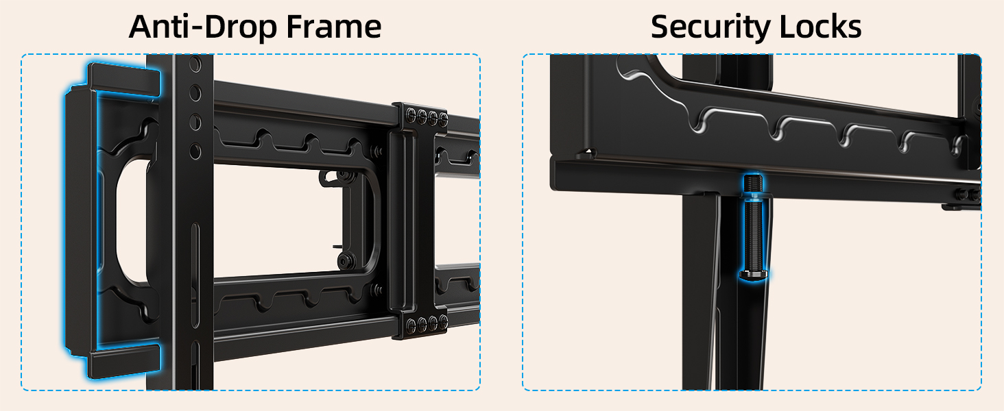 TV wall mount bracket showing anti-drop frame and security lock features, with detailed technical components highlighted in blue.