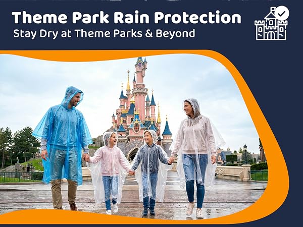 Family in rain ponchos at a theme park